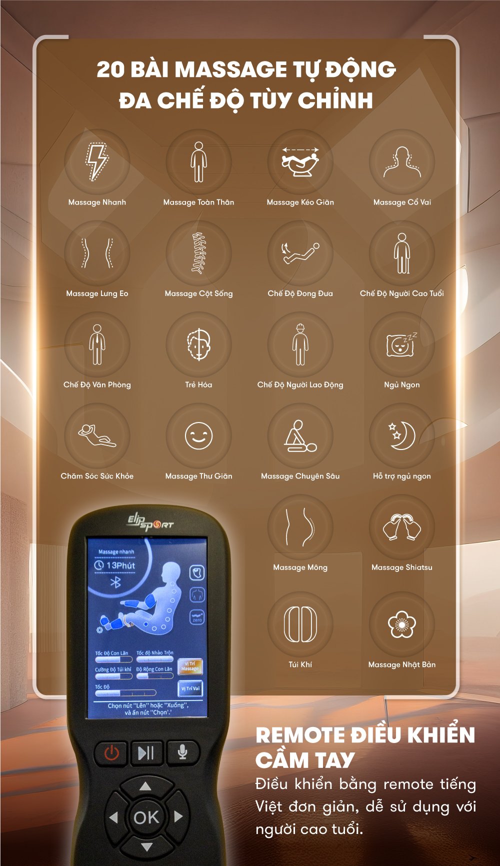ghế massage elip o3 với 20 bài massage tự động