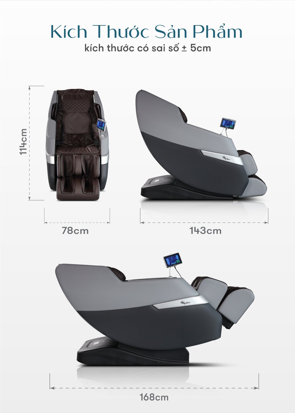 ghế massage elip o3 black gray kích thước sản phẩm
