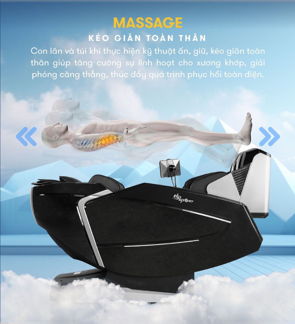 ghế massage elip o8 black chế độ massage kéo giãn toàn thân