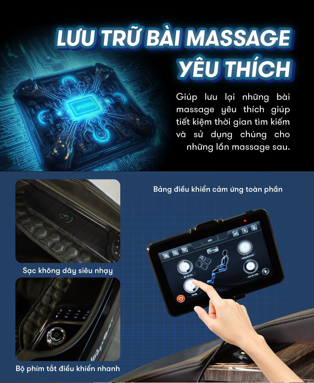 ghế massage elip o8 black có thể lưu trữ các bài massage yêu thích