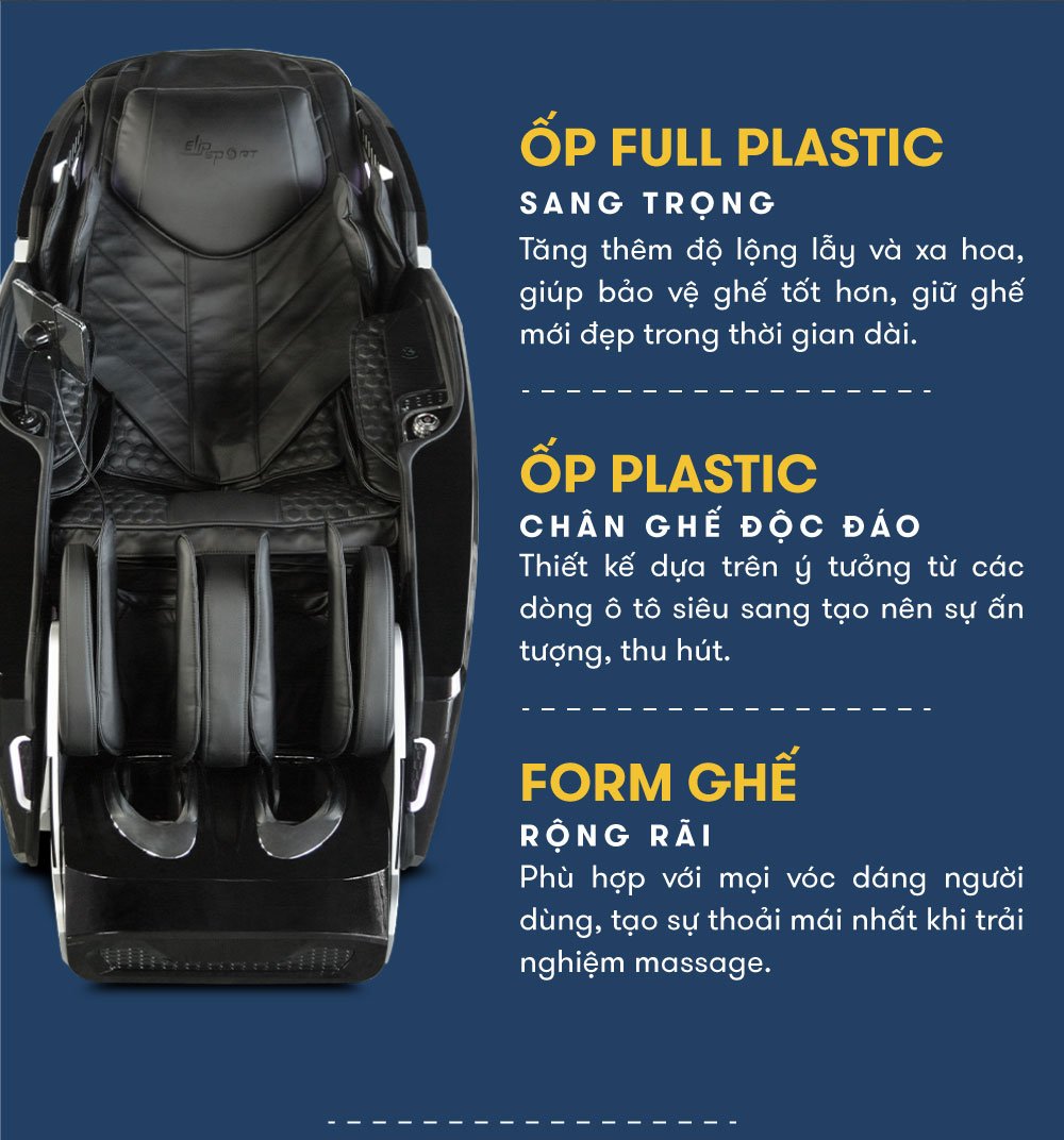 ghế massage elip o8 black với ốp full plastic