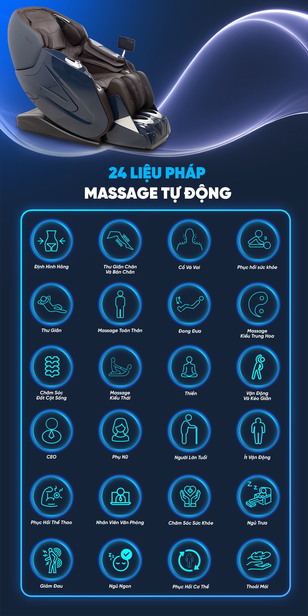 ghế massage elip o6 với 24 liệu pháp massage tự động